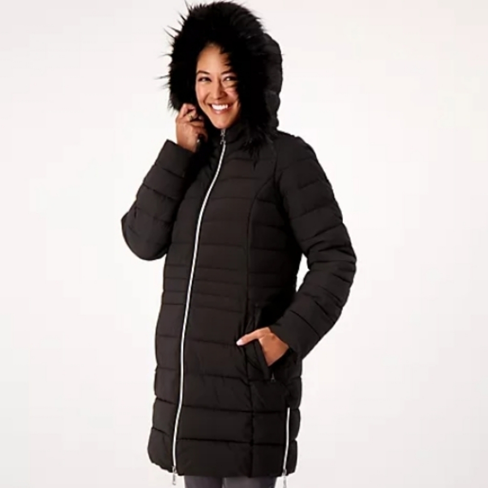 Nuage Navy puffer jacket faux fur hood. Expandable zips on side NWT Small